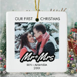 Our First Christmas As Mr and Mrs Photo Ceramic Ornament<br><div class="desc">Our First Christmas Married as Mr and Mrs Photo,  simple and minimalist Christmas holiday ornaments feature your favourite wedding photo with your  names and year,  A stylish keepsake for your first christmas as husband and wife.</div>