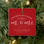 Our First Christmas As Mr And Mrs Photo Wedding Ceramic Ornament<br><div class="desc">Designed by fat*fa*tin. Easy to customise with your own text,  photo or image. For custom requests,  please contact fat*fa*tin directly. Custom charges apply.

www.zazzle.com/fat_fa_tin
www.zazzle.com/color_therapy
www.zazzle.com/fatfatin_blue_knot
www.zazzle.com/fatfatin_red_knot
www.zazzle.com/fatfatin_mini_me
www.zazzle.com/fatfatin_box
www.zazzle.com/fatfatin_design
www.zazzle.com/fatfatin_ink</div>