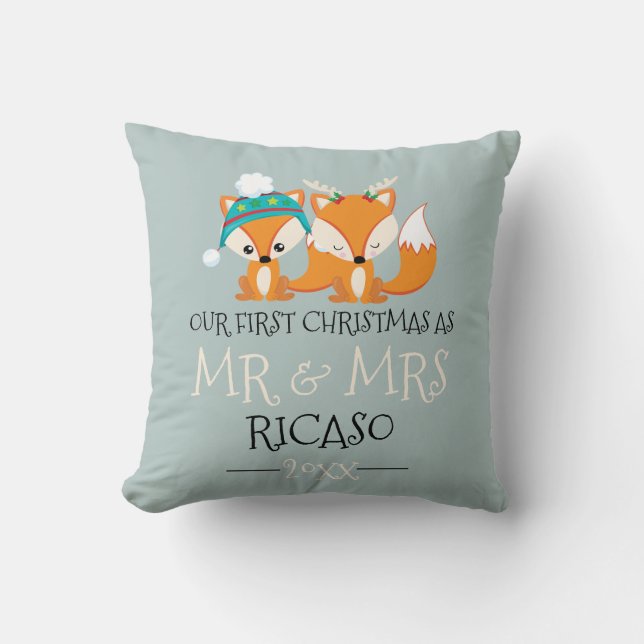 Our First Christmas As Mr and Mrs Red Fox Themed Cushion (Front)