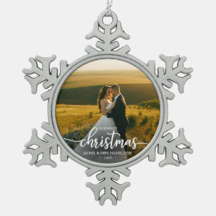 Our First Christmas As Mr And Mrs Simple Elegant Snowflake Pewter Christmas Ornament