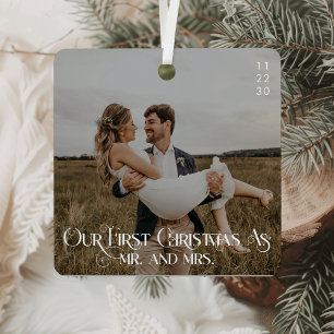 Our First Christmas As Mr and Mrs Typography Photo Metal Tree Decoration