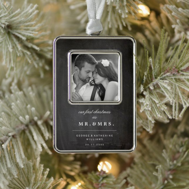 Our First Christmas As Mr. And Mrs. Wedding Photo Silver Plated Framed Ornament (Tree)