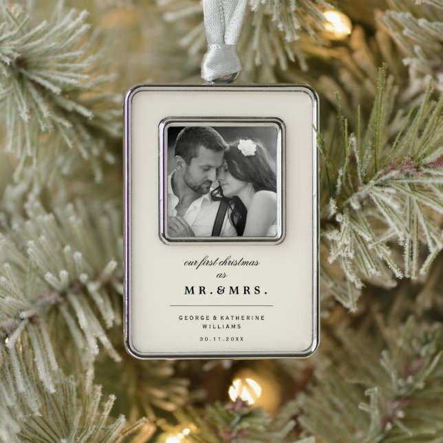 Our First Christmas As Mr. And Mrs. Wedding Photo Silver Plated Framed Ornament (Tree)