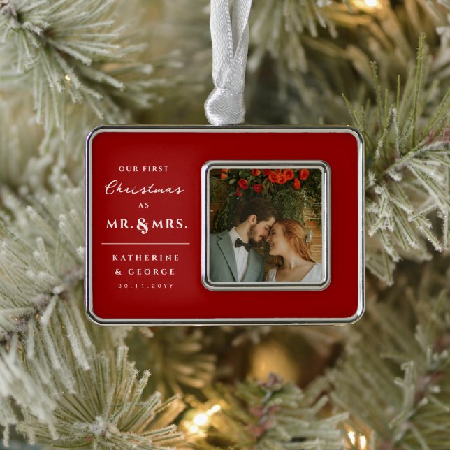 Our First Christmas As Mr. And Mrs. Wedding Photo Silver Plated Framed Ornament (Tree)