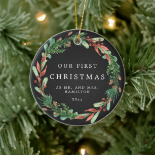 Our First Christmas as Mr and Mrs Wreath Ceramic O Tree Decoration