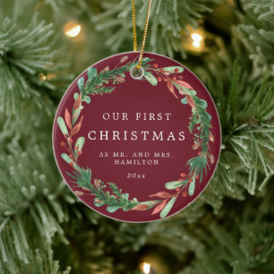 Our First Christmas as Mr and Mrs Wreath Ceramic O Tree Decoration