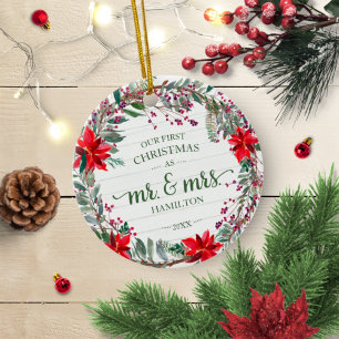 Our First Christmas as Mr & Mrs 2020 Rustic Wreath Ceramic Tree Decoration