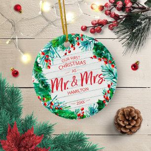 Our First Christmas as Mr & Mrs 2020 Rustic Wreath Ceramic Tree Decoration