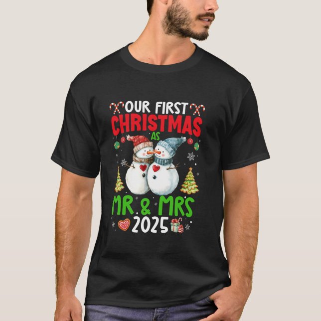 Our First Christmas as Mr Mrs 2025 Couple Matching T-Shirt (Front)