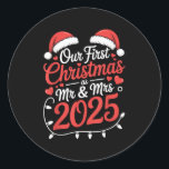 Our First Christmas As Mr Mrs 2025 Married Couples Classic Round Sticker<br><div class="desc">Our First Christmas As Mr Mrs 2025 Married Couples Matching</div>