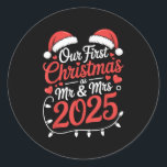 Our First Christmas As Mr Mrs 2025 Married Couples Classic Round Sticker<br><div class="desc">Our First Christmas As Mr Mrs 2025 Married Couples Matching</div>