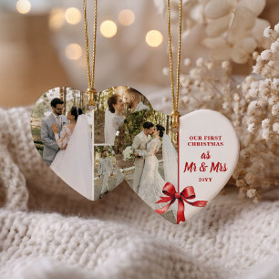Our First Christmas as Mr & Mrs 4 Photo Red Bow Ceramic Tree Decoration