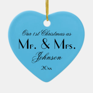 'Our First Christmas as Mr & Mrs' Black Aqua Blue Ceramic Tree Decoration