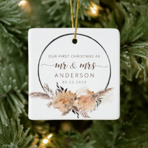 Our First Christmas As Mr & Mrs Boho Terracotta Ceramic Ornament
