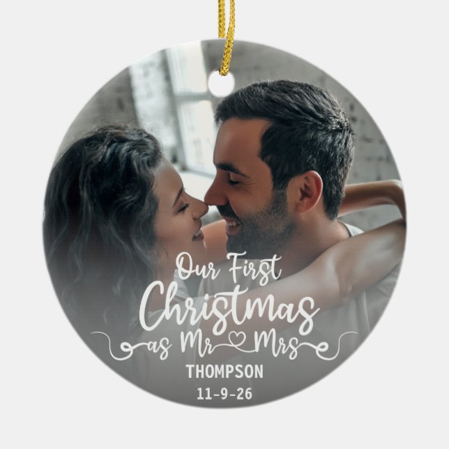 Our First Christmas as Mr & Mrs Custom Photo Ceramic Tree Decoration (Front)