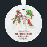 Our First Christmas As Mr. & Mrs.Cute Snowman Ornament<br><div class="desc">Cute and Romantic design featuring OUR FIRST CHRISTMAS typography,  cute watercolor Snowmans (He & She) on a white background with blue snowflakes. Use Personalise tool to add your info. For more matching items,  please visit my Dreamy Christmas Collection.</div>