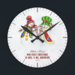 Our First Christmas As Mr. & Mrs.Cute Snowman Round Clock<br><div class="desc">Cute and Romantic design featuring OUR FIRST CHRISTMAS typography,  cute watercolor Snowmans (He & She) on a white background with blue snowflakes. Use Personalise tool to add your info. For more matching items,  please visit my Dreamy Christmas Collection.</div>
