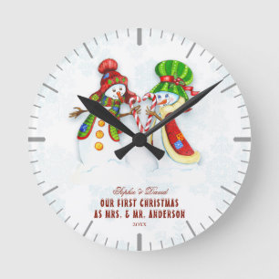 Our First Christmas As Mr. & Mrs.Cute Snowman Round Clock