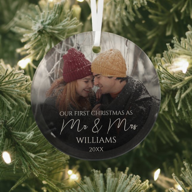 Our First Christmas As Mr & Mrs Elegant Photo Glass Tree Decoration (Insitu)