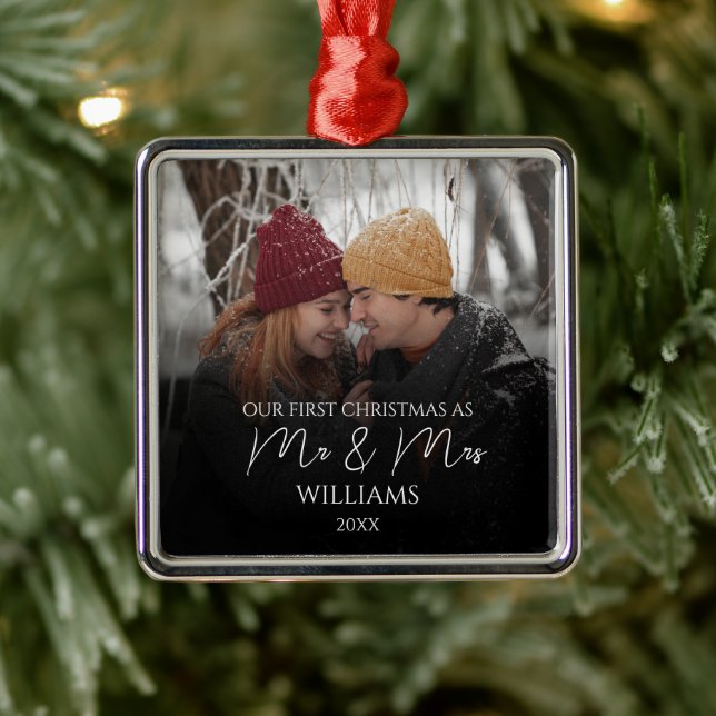 Our First Christmas As Mr & Mrs Elegant Photo Metal Tree Decoration (Tree)