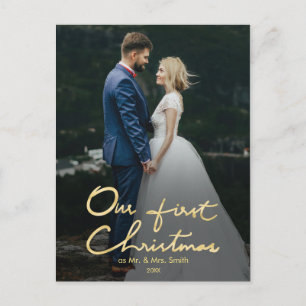 Our First Christmas as Mr & Mrs   Faux Gold Photo Holiday Postcard