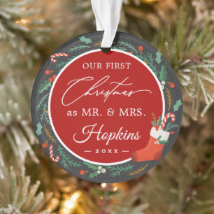 Our First Christmas as Mr Mrs Floral Wreath Photo Ornament