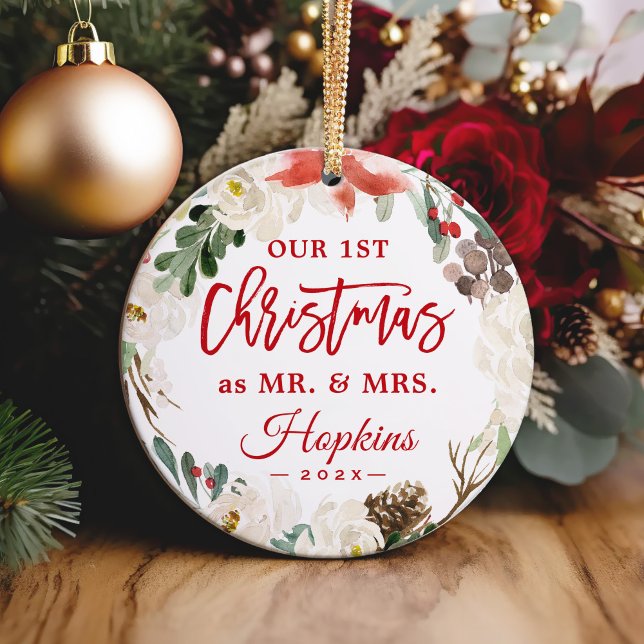 Our First Christmas as Mr Mrs Floral Wreath Photo Ornament (Sample 1)