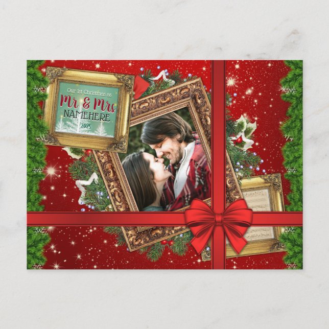 Our First Christmas as Mr & Mrs Gold Frame Photo Holiday Postcard (Front)