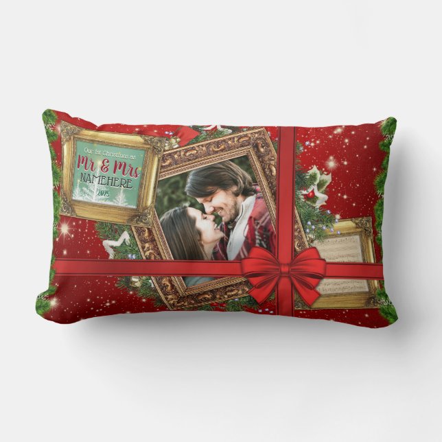 Our First Christmas as Mr & Mrs Gold Frame Photo Lumbar Cushion (Front)