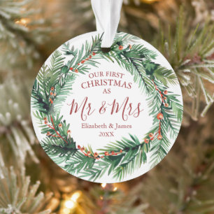 Our First Christmas As Mr & Mrs Greenery Wreath Ornament