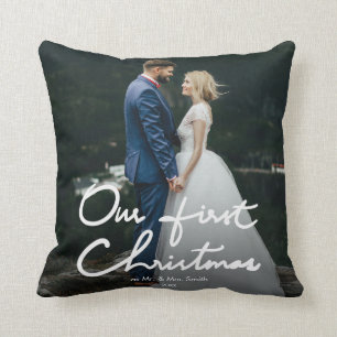 Our First Christmas as Mr. & Mrs.   Holiday Photo Cushion