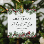 Our First Christmas As Mr & Mrs Keepsake Ceramic Ornament<br><div class="desc">Elegant newlywed christmas ornament featuring gorgeous watercolor botancial christmas foliage,  a robin,  snowdrops,  the saying "our first christmas as mr & mrs",  your name,  and the year.</div>