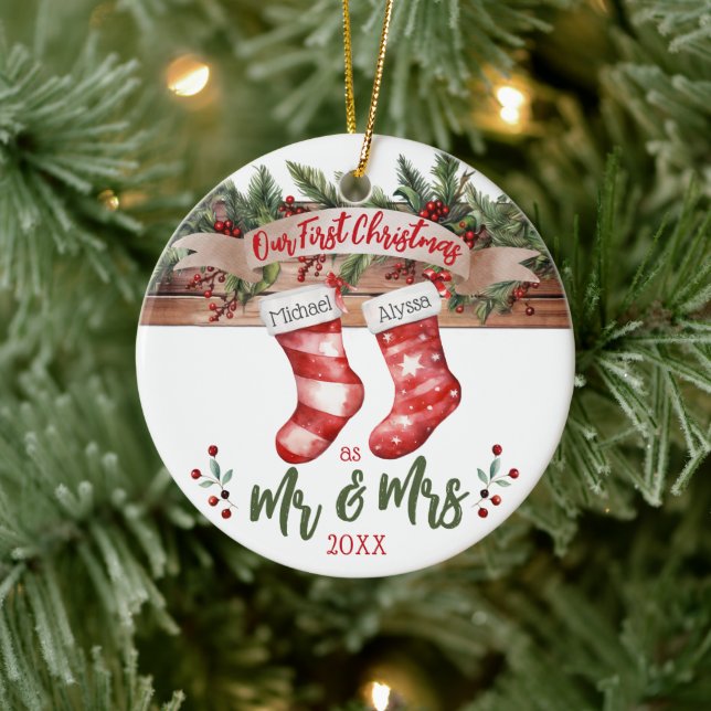 Our First Christmas as Mr & Mrs Married Stockings Ceramic Tree Decoration (Tree)
