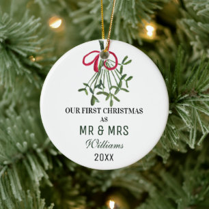 Our First Christmas as MR & MRS Mistletoe Rustic Ceramic Tree Decoration