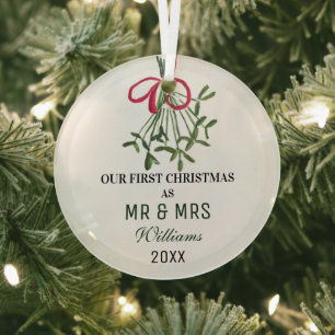 Our First Christmas as MR & MRS Mistletoe Rustic Glass Tree Decoration