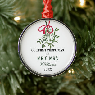 Our First Christmas as MR & MRS Mistletoe Rustic Metal Tree Decoration