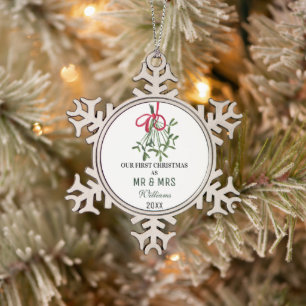 Our First Christmas as MR & MRS Mistletoe Rustic Snowflake Pewter Christmas Ornament