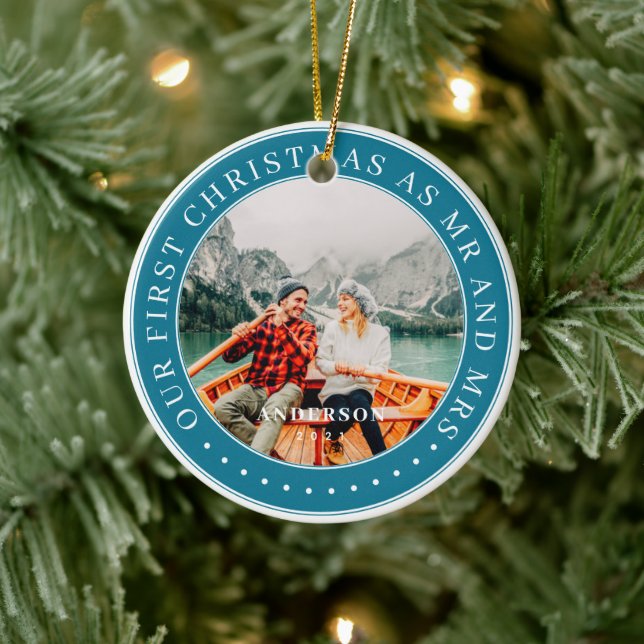  Our First Christmas As Mr & Mrs Modern Photo Ceramic Tree Decoration (Tree)