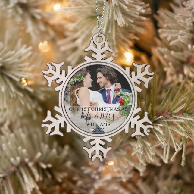 Our First Christmas As Mr & Mrs Name Photo Snowfla Snowflake Pewter Christmas Ornament (Tree)