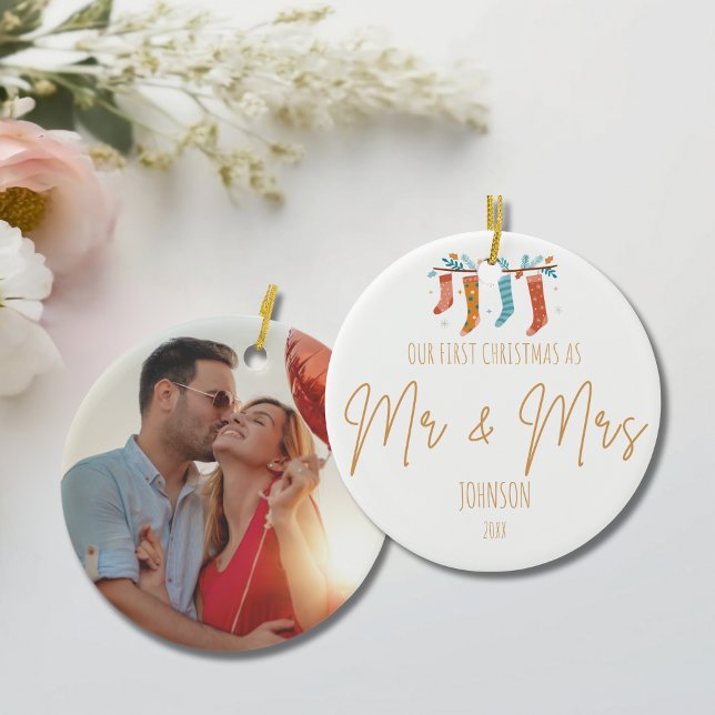 Our First Christmas as Mr. & Mrs. Personalised  Ceramic Tree Decoration (Our First Christmas as Mr. & Mrs. Personalized Ceramic Ornament)