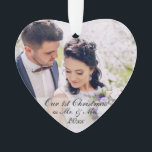 Our First Christmas as Mr. & Mrs. Photo Ornament W<br><div class="desc">Our First Christmas as Mr. & Mrs. Newlywed Wedding Photo Ornament White Ribbon Silver Holiday back</div>