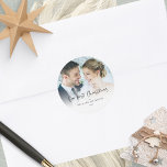 Our First Christmas As Mr Mrs Photo Overlay Classic Round Sticker<br><div class="desc">Modern Our First Christmas As Mr Mrs Photo Overlay Script Name and Year. Celebrate your newly married first christmas status with these handy stickers for your festive mailings, gifts and favours! A modern set script for Our First Christmas and easy to personalise with your name and the year and replace...</div>