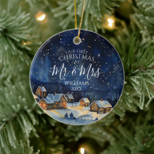 Our First Christmas As Mr & Mrs Photo Rustic Night Ceramic Tree Decoration