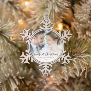 Our First Christmas As Mr Mrs Photo Script Snowflake Pewter Christmas Ornament