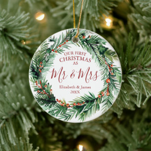Our First Christmas As Mr & Mrs Photo Wreath Ceramic Tree Decoration