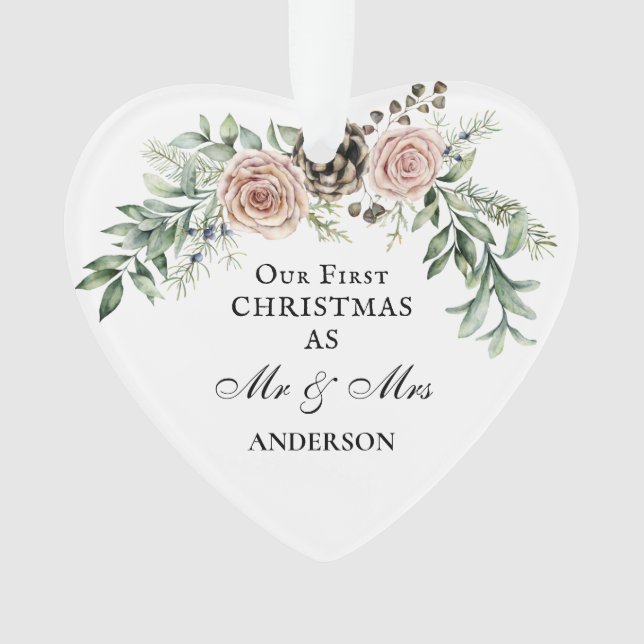 Our First Christmas as Mr & Mrs Pink Roses Ornament (Front)
