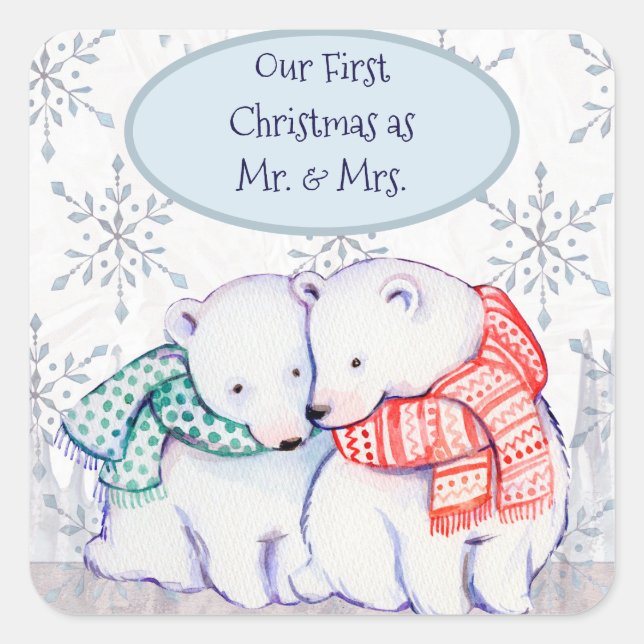 Our First Christmas As Mr & Mrs Polar Bears Square Sticker (Front)