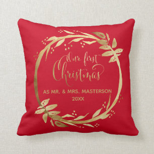 Our First Christmas As Mr & Mrs Red Gold Wreath Cushion