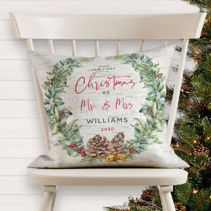 Our First Christmas as Mr & Mrs Rustic Pine Wreath Cushion