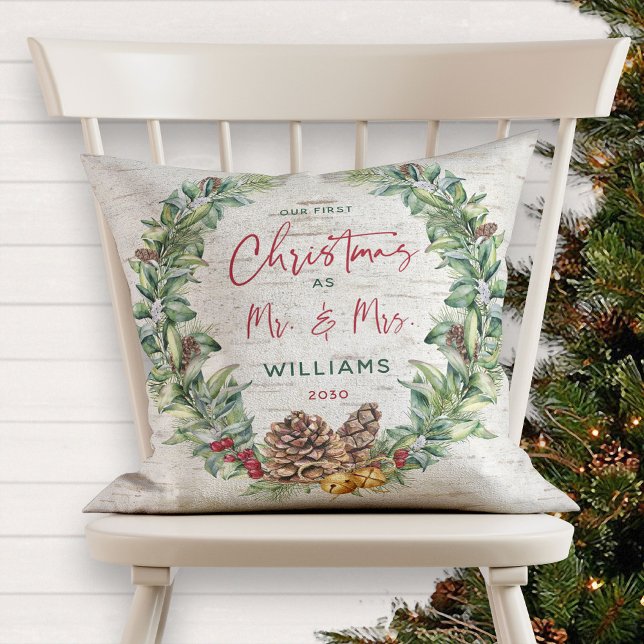 Our First Christmas as Mr & Mrs Rustic Pine Wreath Cushion (Creator Uploaded)